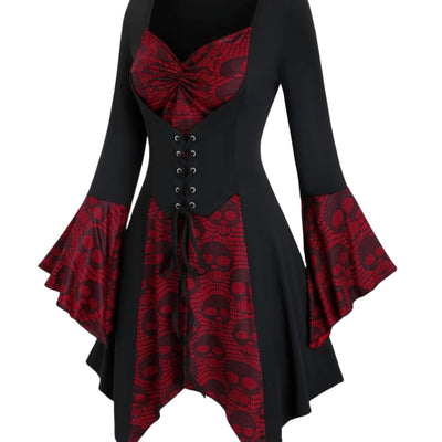 Damen Gothic Halloween-Kleid mit Spitze | Midi-Länge und Trompetenärmeln