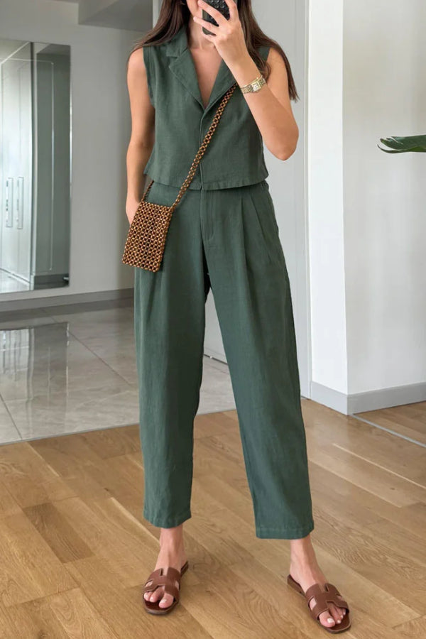 Zelma® | Lässiges, einfarbiges Revers-Weste- und Hosen-Zweiteiler-Set aus Baumwollleinen
