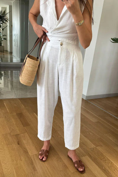 Zelma® | Lässiges, einfarbiges Revers-Weste- und Hosen-Zweiteiler-Set aus Baumwollleinen