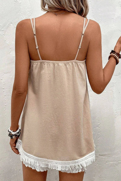 Diana® | Hellkhakifarbenes Set aus Cami-Top und Shorts mit Fransen-Spleißen