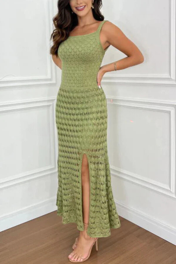 Jacqueline® | Rückenfreies, geschlitztes Stretch-Maxikleid mit Strandstrickstruktur