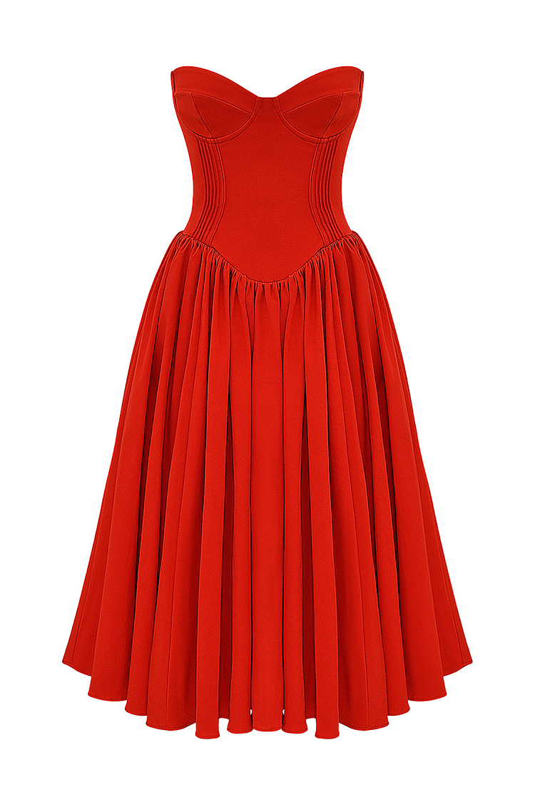 Lisa® | Trägerloses Korsett-Midikleid mit plissiertem Saum für Abschlussball und Party – Rot
