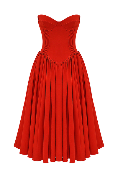 Lisa® | Trägerloses Korsett-Midikleid mit plissiertem Saum für Abschlussball und Party – Rot