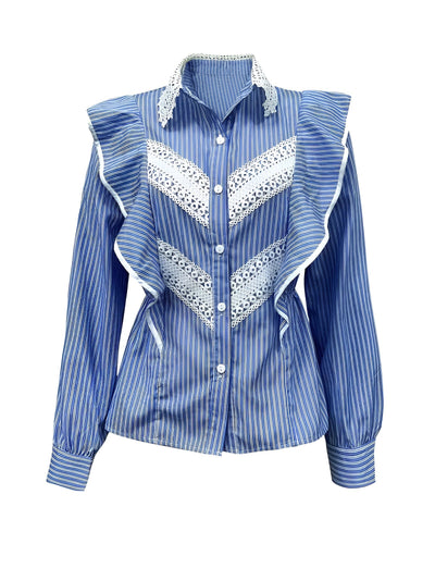 Rosalia | Elegantes gestreiftes Langarmshirt mit Spitze und Rüschendetails