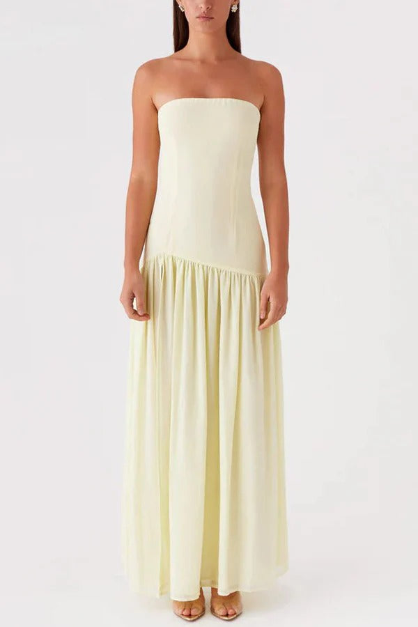 Lizzy® | Trägerloses, halbtransparentes Patchwork-Maxikleid aus Chiffon