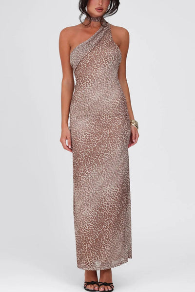 Judith® | Neckholder-Maxikleid mit schrägen Schultern und Leopardenmuster am Rücken