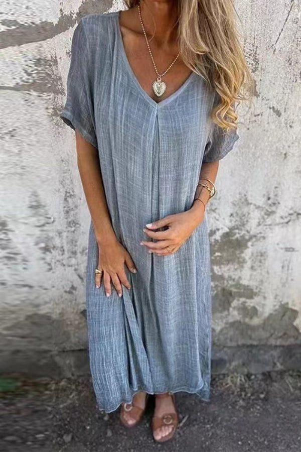 Mónica® | Locker geschnittenes Midikleid aus Baumwollleinen mit V-Ausschnitt