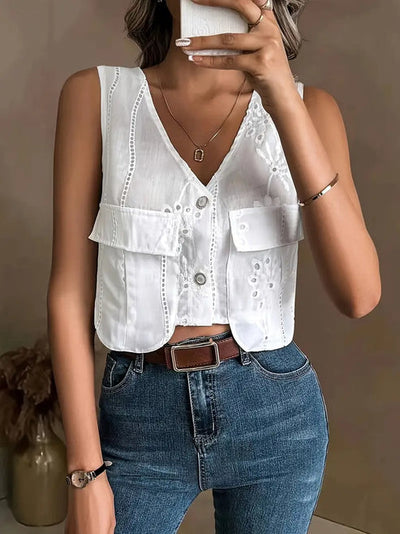 Brina | schicker sommer-cardigan mit blumenaugen und v-ausschnitt ohne armel