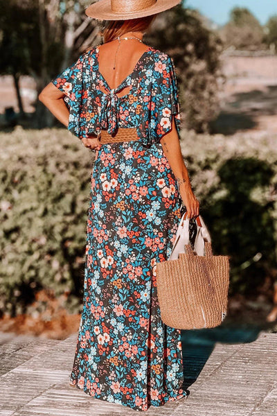Fiona® | Himmelblaues, geknotetes, rückenfreies Maxikleid mit Boho-Blumendruck