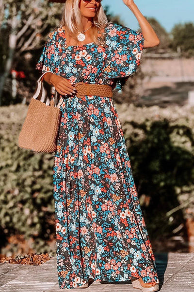 Fiona® | Himmelblaues, geknotetes, rückenfreies Maxikleid mit Boho-Blumendruck