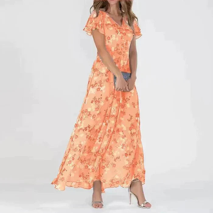 Damen Sommer Maxikleid mit V-Ausschnitt und kurzen Ärmeln