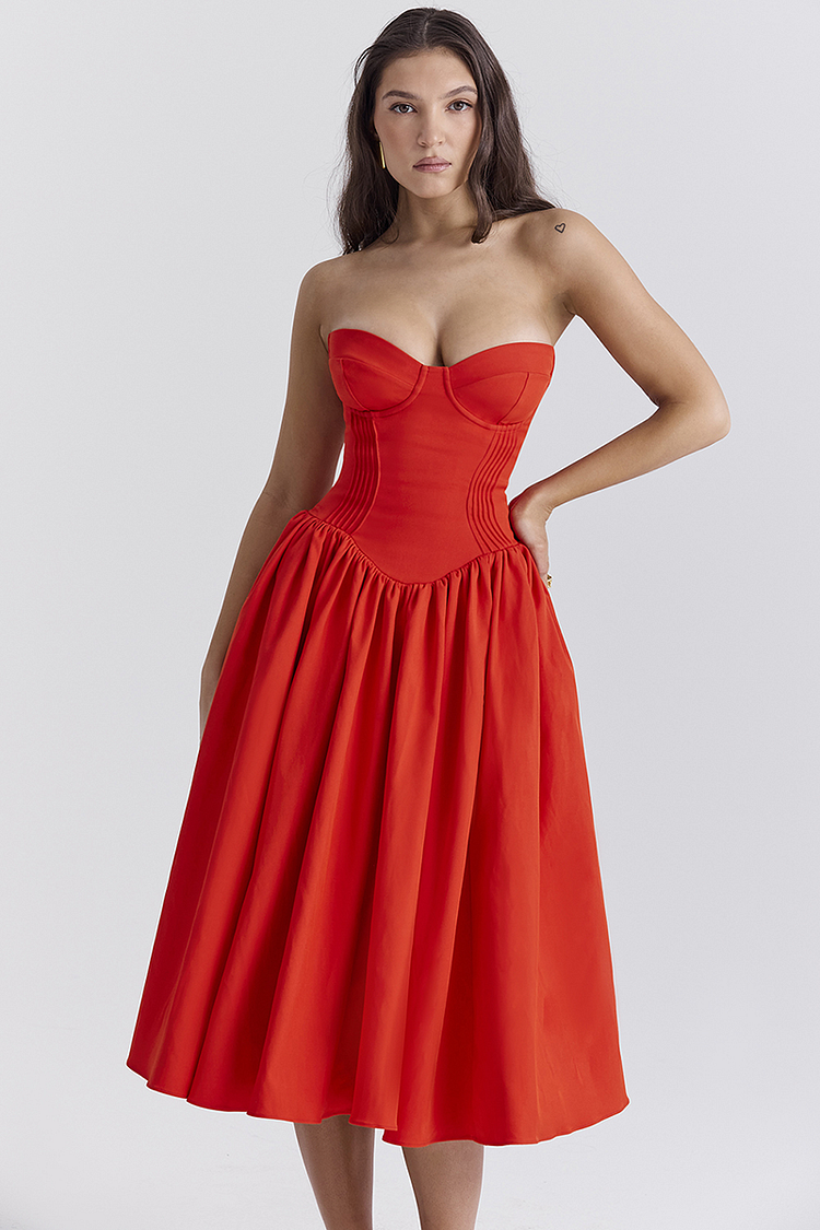 Lisa® | Trägerloses Korsett-Midikleid mit plissiertem Saum für Abschlussball und Party – Rot