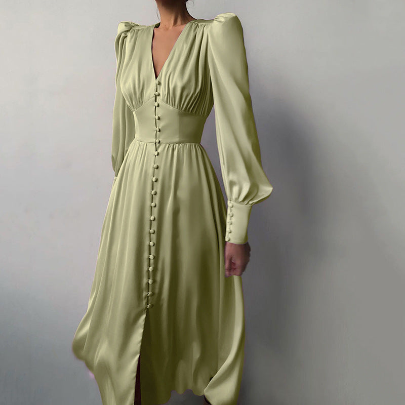 Tailliertes Satin-Kleid mit Ballonärmeln – Elegantes Abendkleid