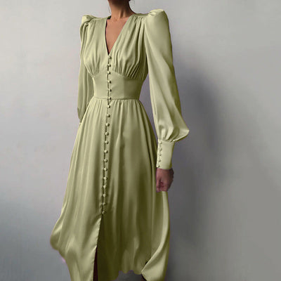 Tailliertes Satin-Kleid mit Ballonärmeln – Elegantes Abendkleid