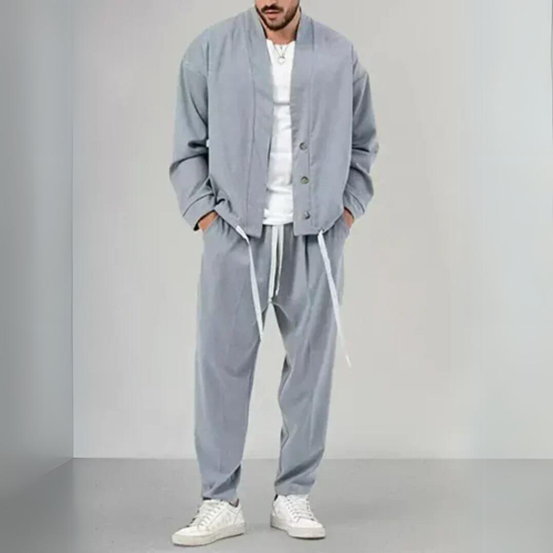 Geknöpftes Cardigan- & Kordelzug-Hosen-Set für Herren