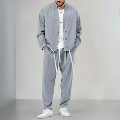 Geknöpftes Cardigan- & Kordelzug-Hosen-Set für Herren