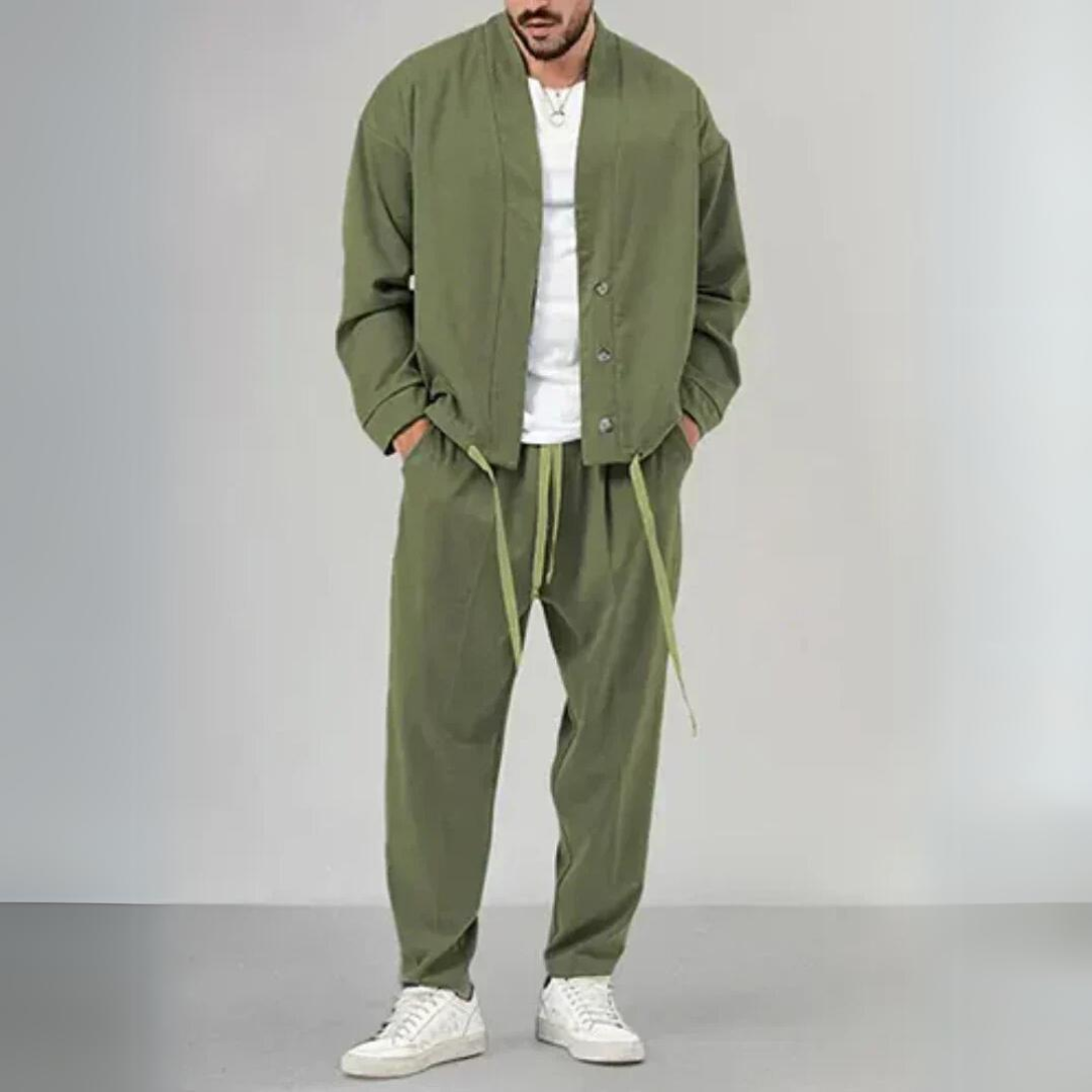Geknöpftes Cardigan- & Kordelzug-Hosen-Set für Herren