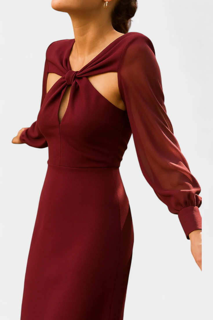 Julissa Midi-Kleid in Burgunderrot mit gebundenem Detail und offenem Rücken