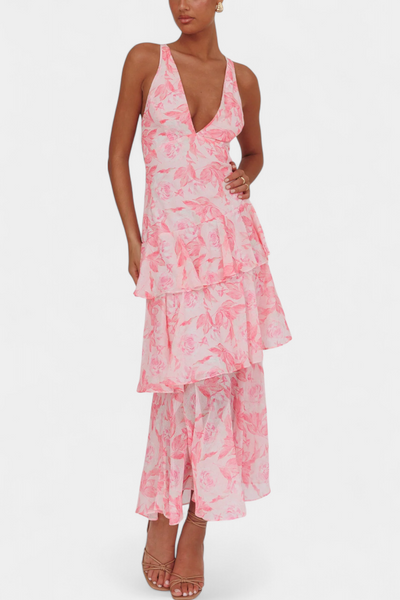 Domenica V-Ausschnitt Chiffonkleid mit eleganten, fließenden Lagen