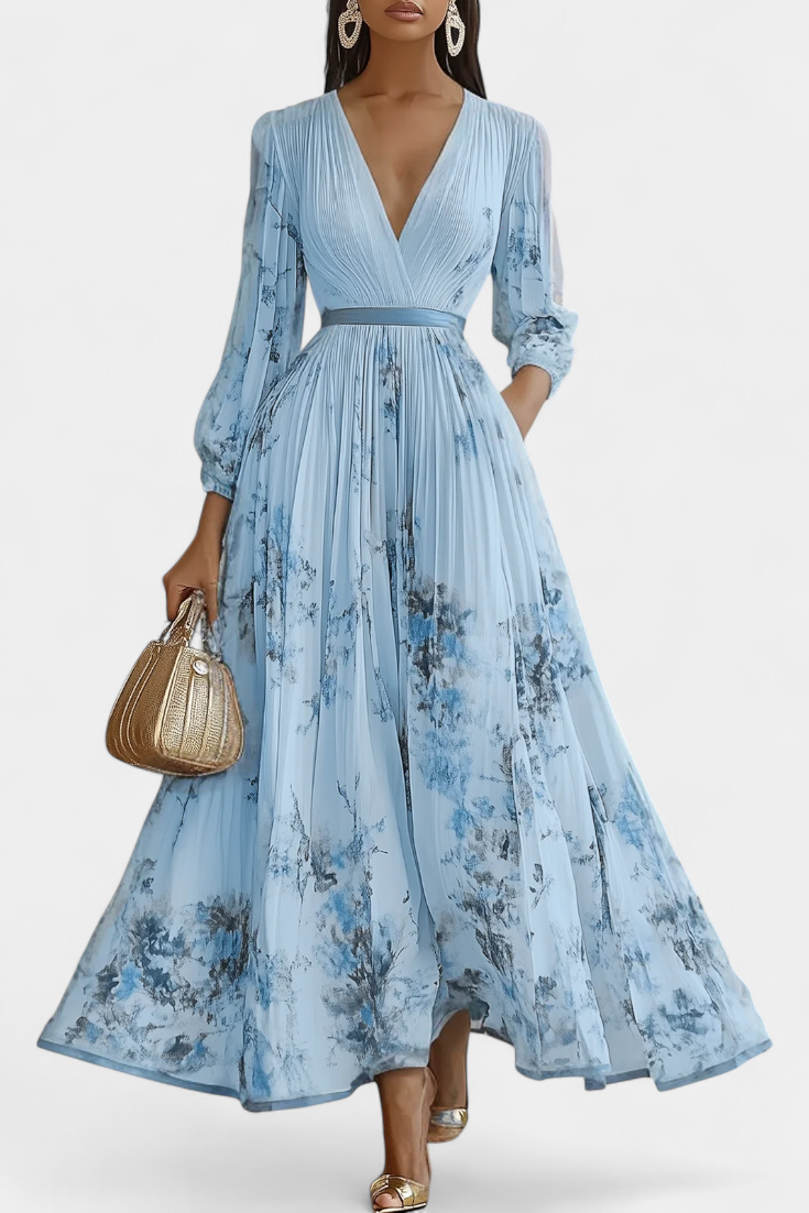 Phaedra Langes Plissiertes Chiffonkleid mit Puffärmeln