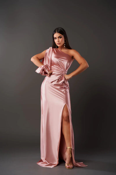Damen Satin Abendkleid One-Shoulder mit Schlitz – Elegantes Kleid für Party & Anlass
