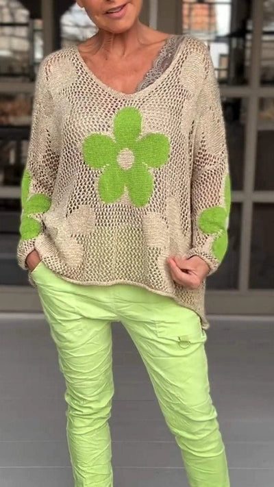 V-Ausschnitt-Strickbluse mit Blumenmuster