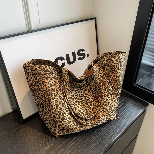 Oversized Canvas Strandtas – Damen Shopper mit Leopardenmuster