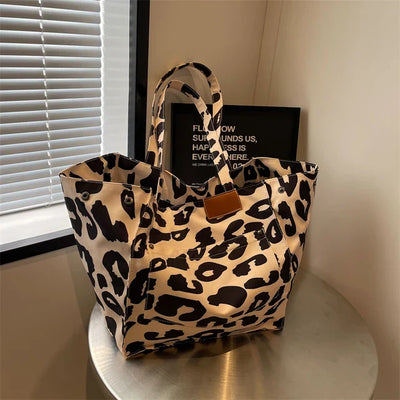 Oversized Canvas Strandtas – Damen Shopper mit Leopardenmuster