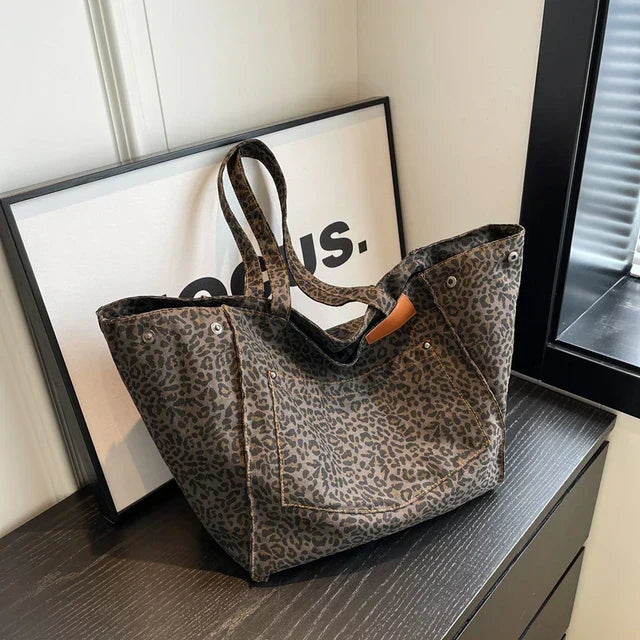 Oversized Canvas Strandtas – Damen Shopper mit Leopardenmuster