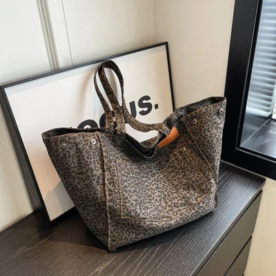 Oversized Canvas Strandtas – Damen Shopper mit Leopardenmuster