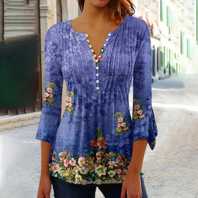 Mabel - damen t-shirt mit v-ausschnitt und knopfleiste