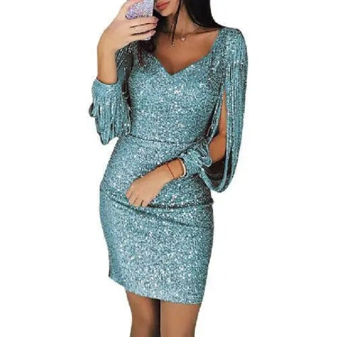 Damen Stylisches Glitzer Fransen Langarm Cutout Party Kleid | Mini