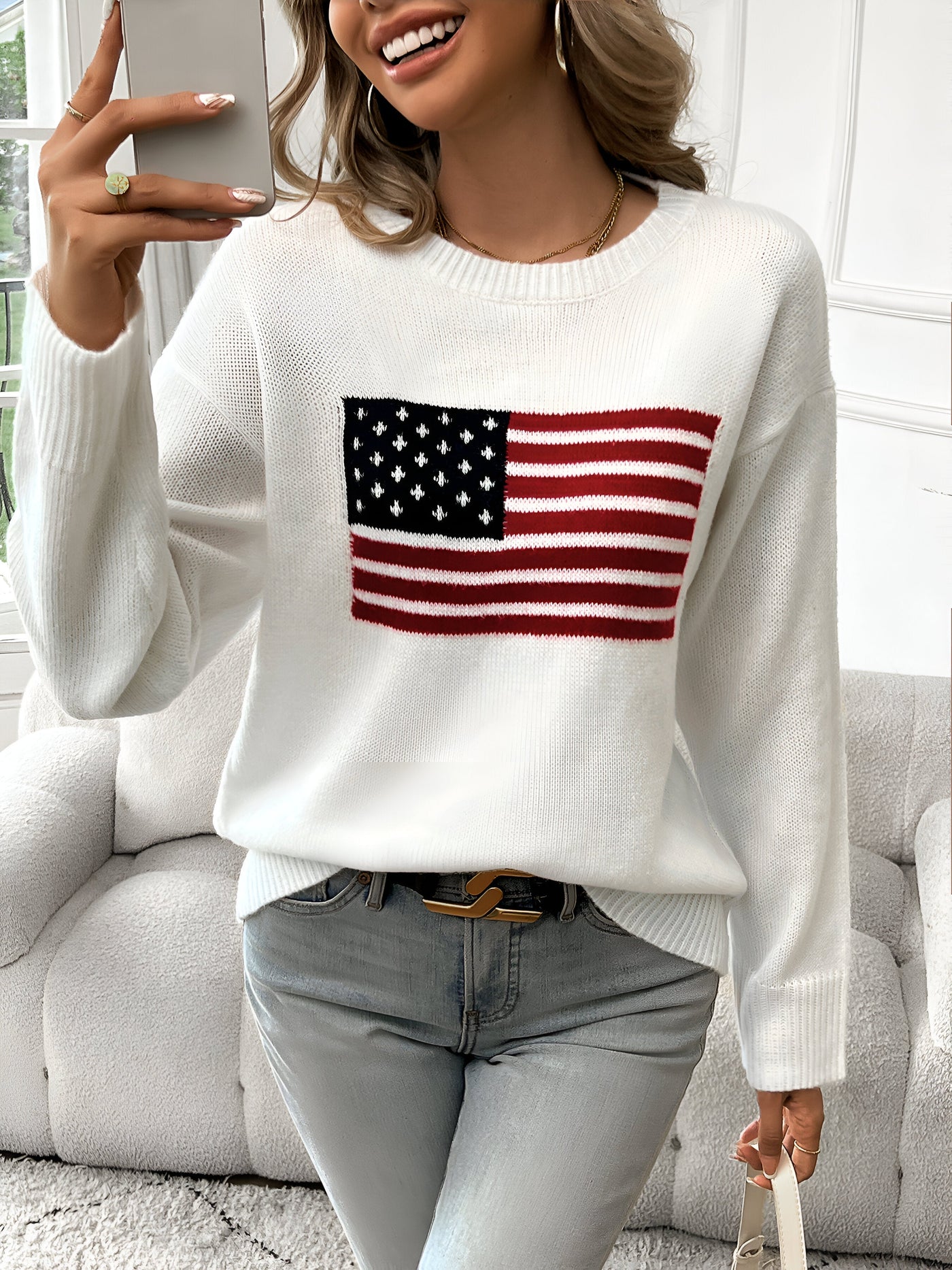 Livia – pullover mit rundhalsausschnitt und amerikanischer flagge
