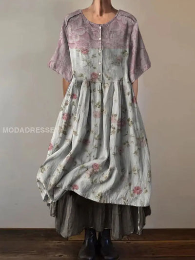 Retro Boho Blumenmuster Vintage Rundhals Kurzarm Midi Kleid