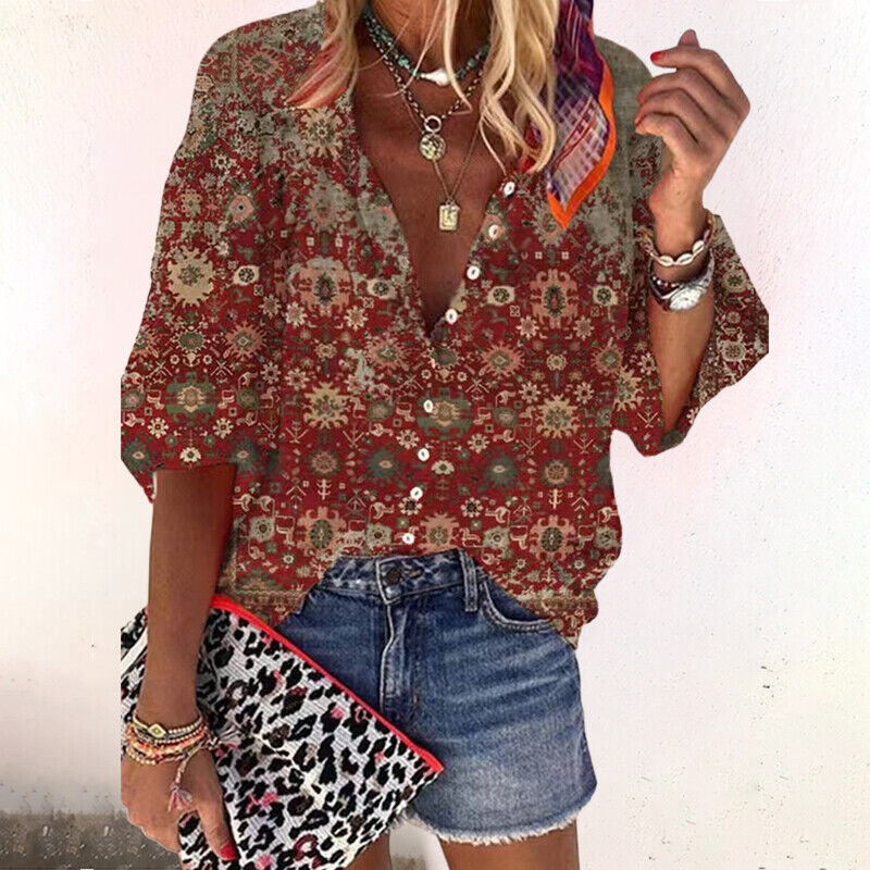 Damen Sommerbluse mit V-Ausschnitt und Grafikdruck