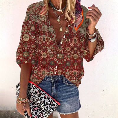 Damen Sommerbluse mit V-Ausschnitt und Grafikdruck