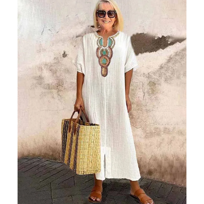 Lioba – Lässiges Leinenkleid Mit Stickerei Und Schlitz