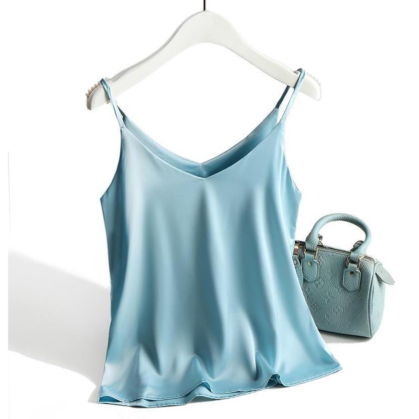 Damen Satin Top mit Spaghettiträgern und V-Ausschnitt