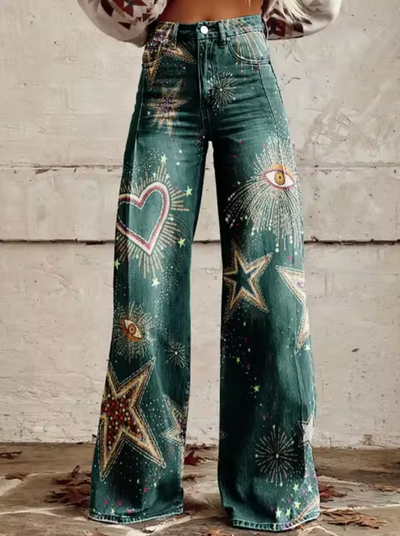 Damen High-Waisted Denim Jeans mit Grafikdrucken